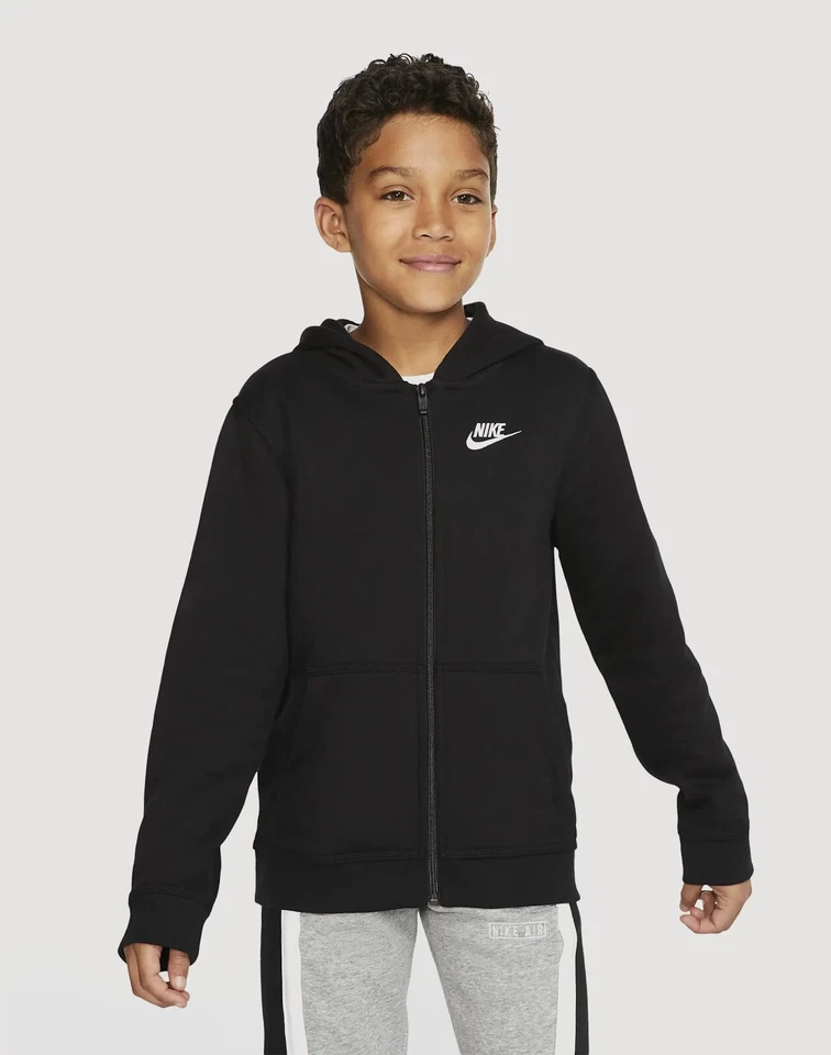 Nike Boys Boy's NSW Club Full Zip Hoodie Black/black/white Size Small 7peu
