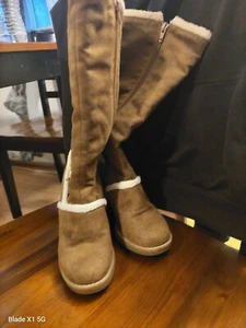 Fioni Brown Suede Cream Faux Fur Trim Zip Up Block High Heel Boots Women's 5 - Picture 1 of 3