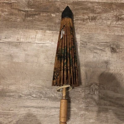 Vintage Asian Rice Paper Bamboo Parasol Umbrella Hand Painted Cranes - Image 1 of 4