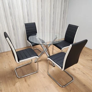 Round Clear Glass Dining Table and 4 Stylish Black White Faux Leather Chairs - Picture 1 of 18