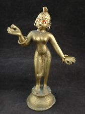 Antique India Solid Brass Figure of Radha on a Conical Base w/Glass Eyes. 6 ½” t