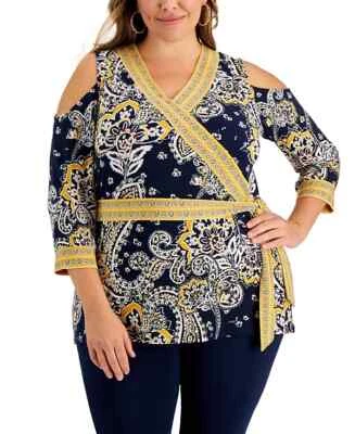 JM Collection Women's Plus Size Cold Shoulder Wrap Top, Blue Multi Paisley, 2X - Image 1 of 3