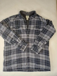 LL Bean Shirt Jacket Mens Large Plaid Flannel Sherpa Lined Black Gray Pockets  - Picture 1 of 15