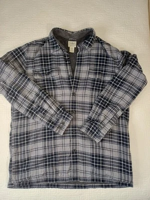 LL Bean Shirt Jacket Mens Large Plaid Flannel Sherpa Lined Black Gray Pockets  - Image 1 of 4