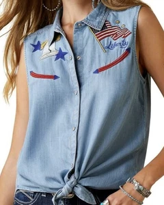 ARIAT Women's Liberty Embroidered Top, Medium Denim Blue, Size X Large - Picture 1 of 12