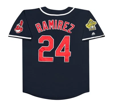 Camiseta Manny Ramírez 1995 Cleveland Indians Azul Marino Serie Mundial Hombre’s Grande Foto 1 de 3