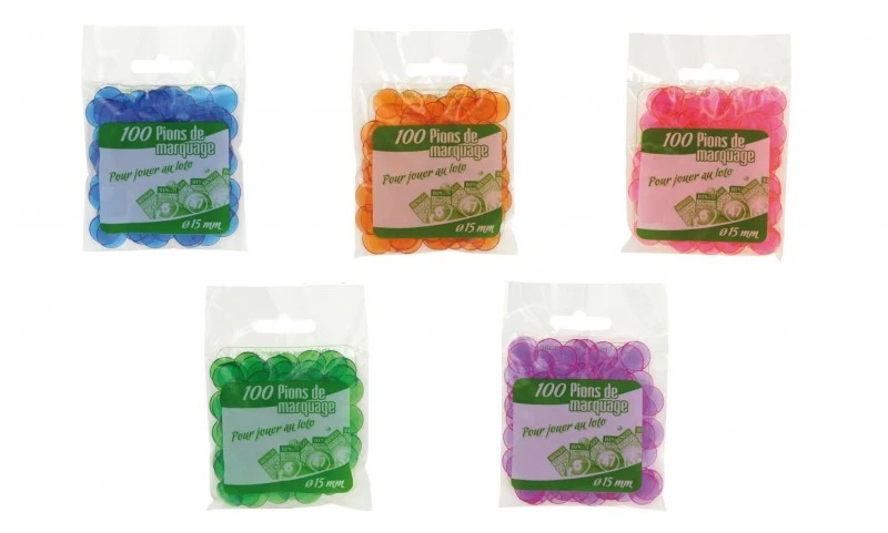 100 pions de Loto Bingo jetons transparents 15 mm pour cartons 5 couleurs 00508 - Photo 1/1