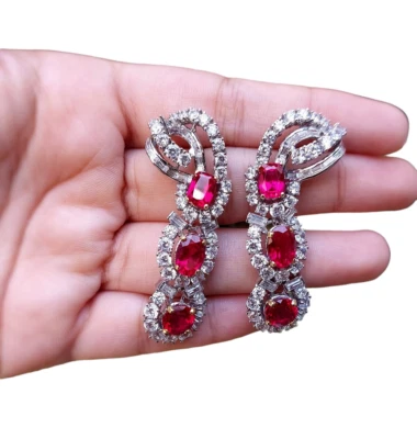 Elizabeth Taylor Inspired Pink Ruby Dangle Earring 925 Sterling Silver CZ Jewelr - Image 1 of 4