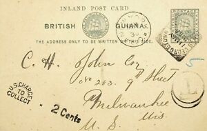 SEPHIL BRITISH GUIANA 1888 1c INLAND PS CARD TAXED W/ 2c CHARGE TO COLLECT TO US