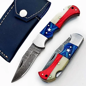 HANDMADE DAMASCUS STEEL BLADE TEXAS FLAG FOLDING POCKET KNIFE WITH SHEATH; 5990 - Picture 1 of 11