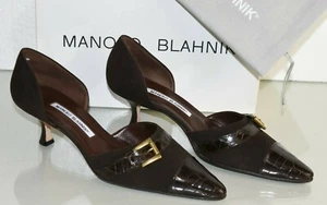 NEW MANOLO BLAHNIK GIGAGA BROWN ALLIGATOR CROCODILE KITTEN HEEL SHOES 39 - Picture 1 of 12