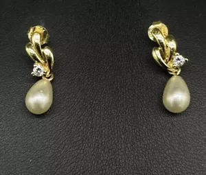 Sterling Silver 925 Gold Tone Faux Pearl Rhinestone Dangle Earrings - Picture 1 of 5