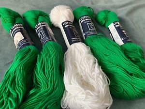 Tahki Classic 100% Mercerized Cotton Yarn- 4 green skeins, 1 white skein.