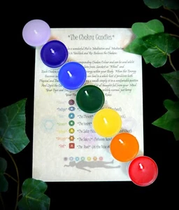 7 x Handmade Chakra Candle Set with information Leaflet Wicca Pagan Reiki Witch - Picture 1 of 2