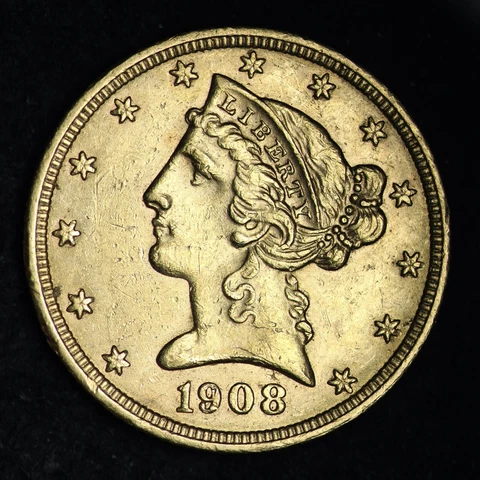 1908 Gold $5 Dollar Half Eagle CHOICE AU FREE SHIPPING E398 UMEK Cover