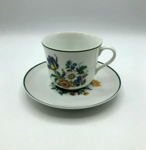 Taza y platillo ""Medici"" de delfín fino chino. Borde verde flores de primavera. - Imagen 1 de 4