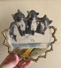 Antique Westmoreland Satin Glass 3 Cat Kitten Plate w/ Hand Painted Ocean Scene