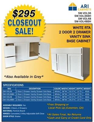 [NEW] White or Grey Vanity Drawer Sink Base RTA Cabinet w/ 2 Doors, 2 Drawers - Image 1 of 4