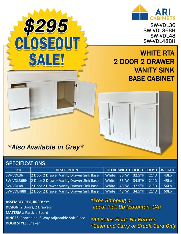 [NEW] White or Grey Vanity Drawer Sink Base RTA Cabinet w/ 2 Doors, 2 Drawers - Image 1 of 4