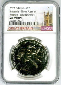 2022 GREAT BRITAIN 1OZ SILVER BRITANNIA NGC MS69 DPL PREMIUM UNC FIRST RELEASES - Picture 1 of 2