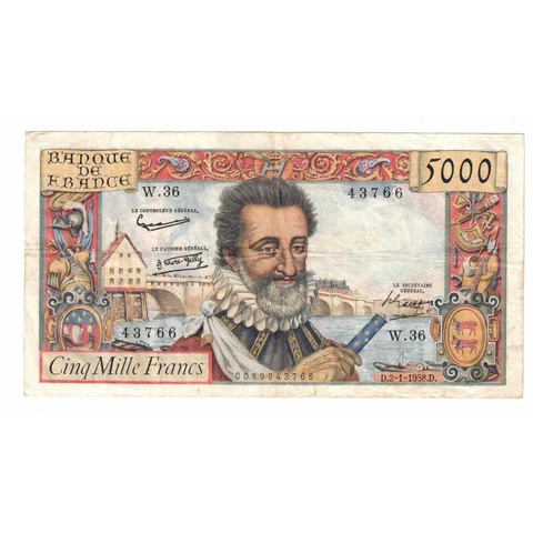 [#332322] France, 5000 Francs, Henri IV, 1958, W.36, EF, Fayette:49.5, KM:135, a Cover