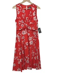 Vince Camuto Floral Knot Front Sleeveless Dress Stretch Red Size 14 Petite NEW - Picture 1 of 8