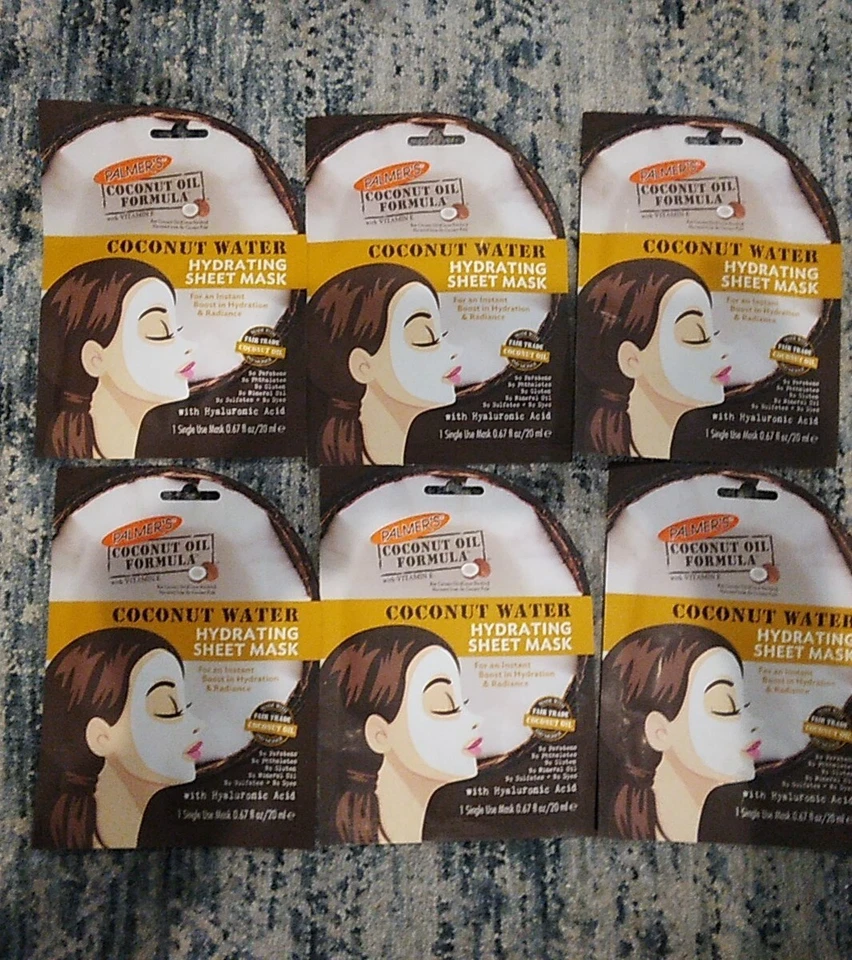 6 УПАКОВОК Palmers формула кокосового масла УВЛАЖНЯЮЩАЯ КОКОСОВАЯ ВОДА лист маска для лица  - Изображение 1 из 4