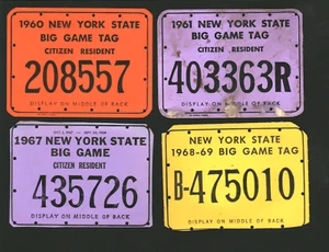 Lote 4 etiquetas de caza de caza mayor del estado de Nueva York 1960 1961 1967 1968-1969 licencias - Imagen 1 de 2