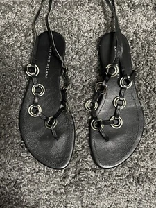 ANTONIO MELANI BLACK LEATHER FLAT LACE UP SANDALS WITH SILVER METAL HOOPS SIZE 8 - Picture 1 of 5