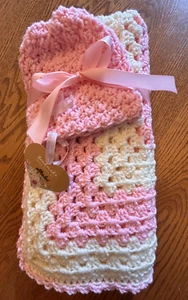 Pink & soft white Farmhouse  handmade crochet newborn  blanket & hat set  - Picture 1 of 7