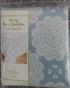 Spring DARIO MEDALLION Vinyl TABLECLOTH Doily Print BLUE oval/oblong60x84 in NIP - Picture 1 of 2