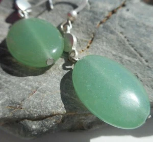 Aventurine Oval Bead Silver Tone Dangle Hook Earrings Simple and Elegant - Picture 1 of 5