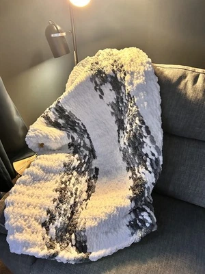 Hand/finger Knitted Chunky Blanket White Grey And Black Brand New Soft, Cozy - Image 1 of 4