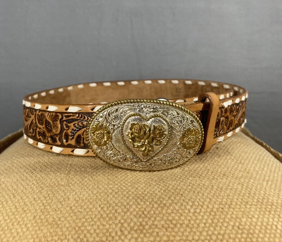 Crumrine El Arturo Gold and Silver Floral Belt And Buckle Engraved PHYLLIS sz 32 - Image 1 of 4