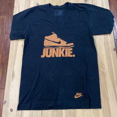 复古 2007 Nike Dunk High 运动鞋 Junkie V 领 T 恤 M 橙色黑色低 — 第 1/4 张图片