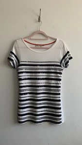 Zara Sequin Stripes T Shirt Size Large White Navy Blue 100% Cotton Short Sleeves - Picture 1 of 8