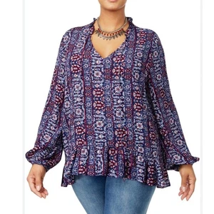 Style & Co Mujer 1X Blusa Azul Rojo Estampado Volantes Cuello Manga Larga Top - Imagen 1 de 7