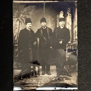 Vtg 1/6 Plate Tintype - 3 Men w/ Fez Hats, Studio Portrait, Ethnic Americana WOW - Picture 1 of 3