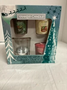 Caja de regalo de vacaciones de velas Yankees 3 muestras de votivos y soporte votivo de vidrio caja abierta - Imagen 1 de 3