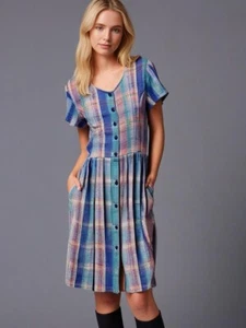 DG Sport Dress AUS12 US8 Blue Plaid Button Down Midi Vtg 80s - Picture 1 of 6