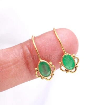 Natural Green Emerald Cut Solid 14k & 18k Gold Wedding Gift Women Hoop Earrings - Image 1 of 4