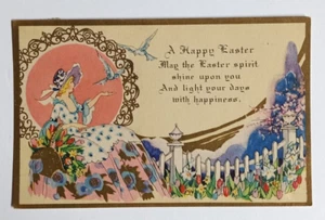 A Happy Easter Spirit Postcard c1930s Flowers Women in Dress & Hat - Picture 1 of 2