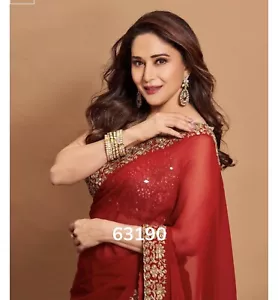 Bollywood designer Georgette Saree Partywear In red With Unstitched Blouse - Picture 1 of 11