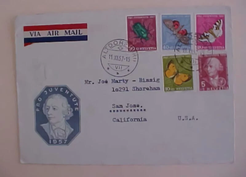 SUIZA MARIPOSA FDC 1957 PRO JUVENIL CACHÉ DIRIGIDO Foto 1 de 1