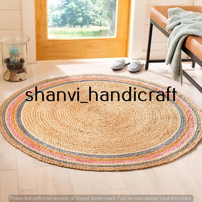 Braided Antique Natural Hand Woven Reversible Round Jute Rug Indoor Floor Carpet - Image 1 of 3