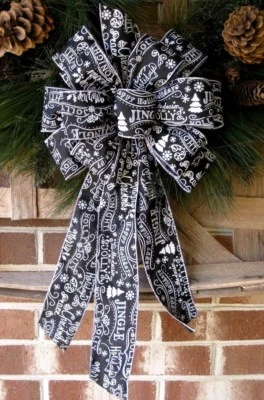 Blk / White CHALKBOARD SCRIPT CHRISTMAS wired RIBBON for WREAThH GARLAND  # 56  - Image 1 of 2