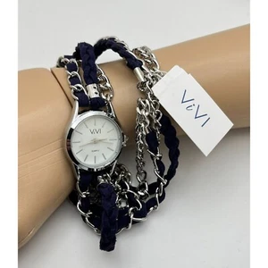 Vivi Wrap Watch Navy Blue Silver Tone NWT Vintage 16" Chain - Picture 1 of 8
