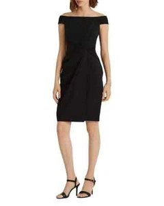 Lauren Ralph Lauren Saran Size 8 Black Crepe Off the Shoulder Cocktail Dress NWT - Picture 1 of 13