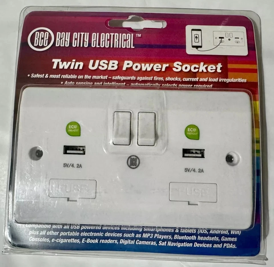 DOUBLE USB WALL SOCKET 13 AMP UK PLUG 2 GANG SWITCH ELECTRIC CHARGER POWER PORT - Image 1 of 2