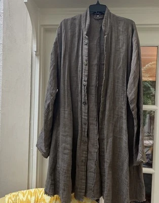 Eskandar Jacket Persian Long Coat Womens Size 1 Army Green 100% Linen Long Slv - Image 1 of 4